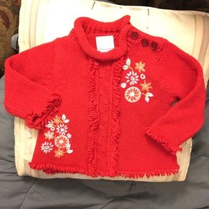 🎈2/$15 Red knit sweater with appliqué flowers & looped fringe trims 12 months EC